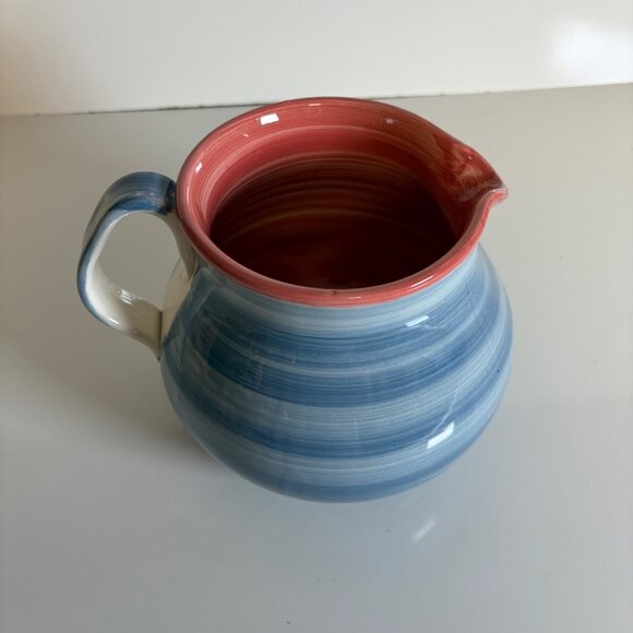 Furio Ceramic Water Pitcher Blue Red Striped Design Made in Italy Cottage Chic - Picture 4 of 6